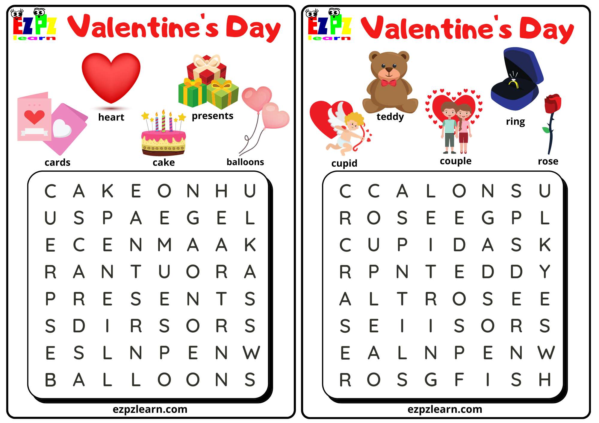 Valentine's Holiday Word Search. Free PDF Worksheet Download